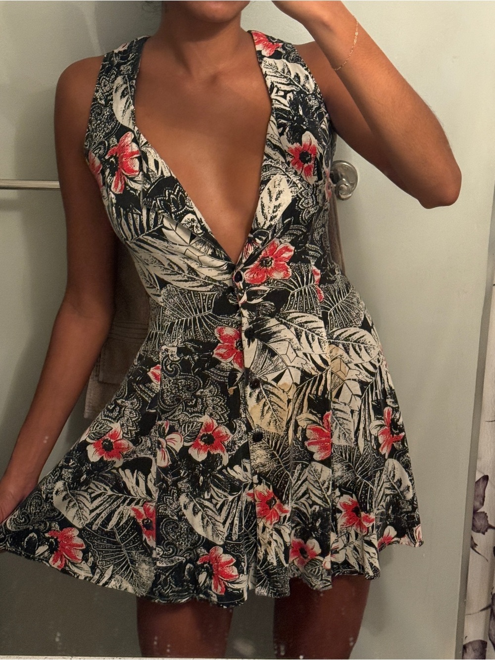 Floral Plunge V-Neck Summer Dress - Black with Pink Floral Button Down Flowy